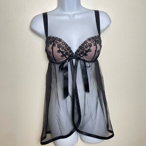 Victoria's Secret Underwire Bra Babydoll Chemise Tie Front Sheer Black 36B